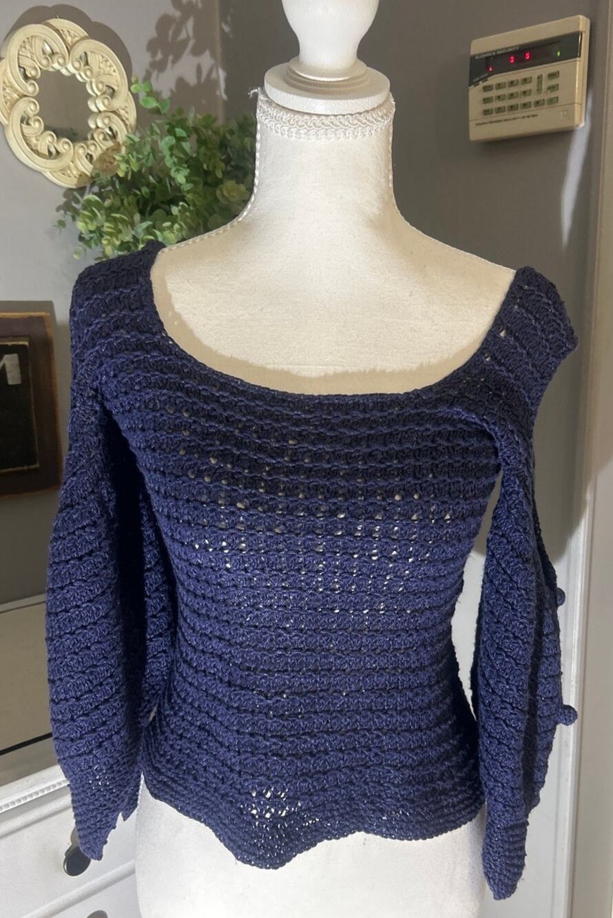 Hand Knit Flax Yarn Fisherman Sweater XS* Blue Crochet Bell Sleeve Cropped Boho